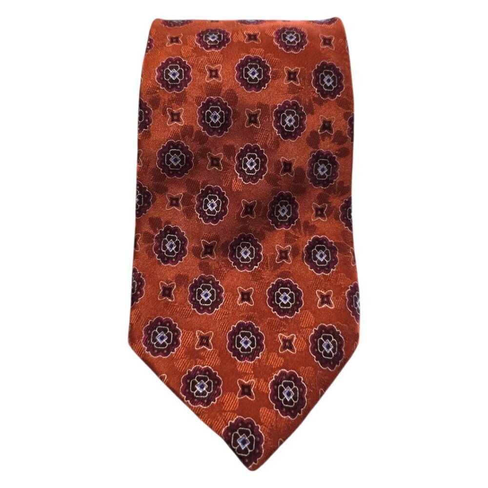 John Bartlett Orange Medallion Print Silk Tie